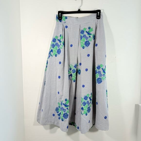 Pearl by Lela Rose Blue Gingham Floral A Line Midi Length Skirt Size 2 - Picture 1 of 10